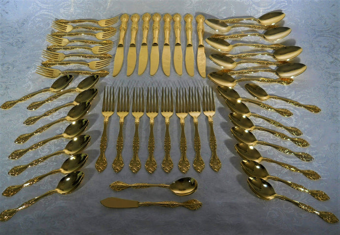 Stanley Roberts Charles IV Gold Electroplate 50 Piece Flatware Service for Eight with Bonus Flatware Chest