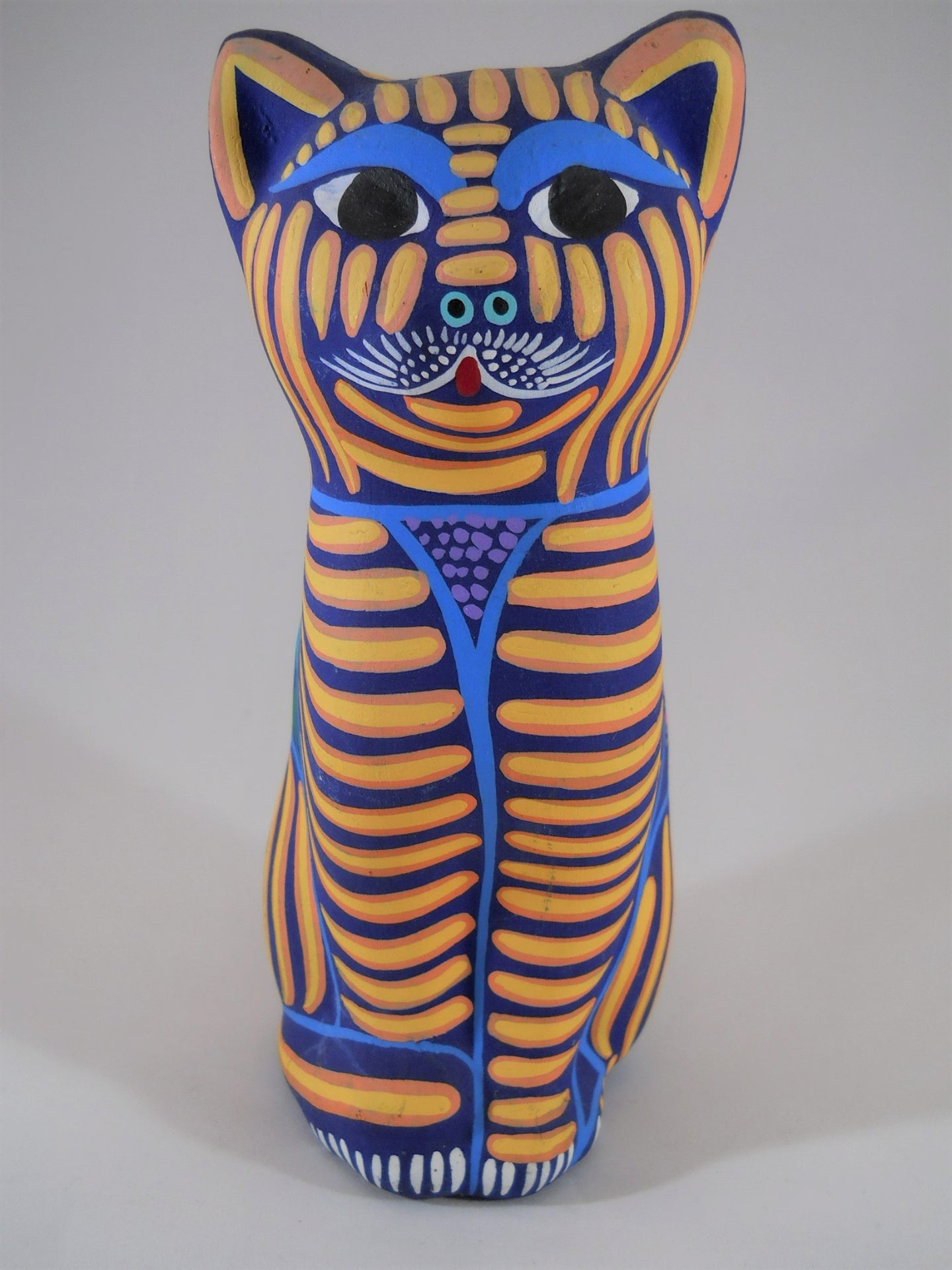 Mexican Multi Colored Folk Art Hand Painted Ceramic Cat Figurine