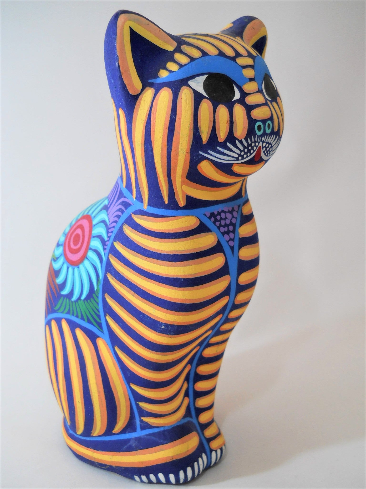 Mexican Multi Colored Folk Art Hand Painted Ceramic Cat Figurine