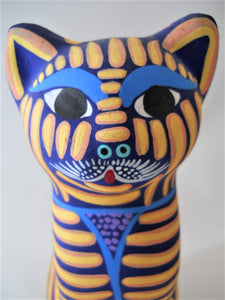 Mexican Multi Colored Folk Art Hand Painted Ceramic Cat Figurine.