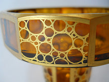 Amber and Clear Blown Glass Candle Holders with Multi-Sided Base and Gold Detail Collection of Four