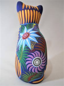 Mexican Multi Colored Folk Art Hand Painted Ceramic Cat Figurine.