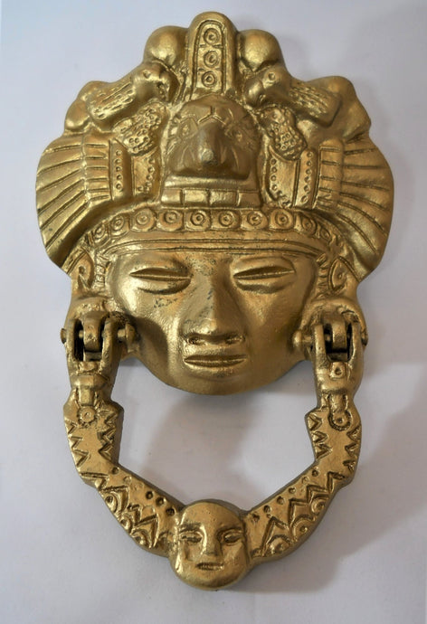 Vintage Large Gold Colored Aztec With Eagle Headdress Door Knocker