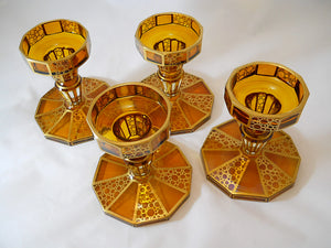Amber and Clear Blown Glass Candle Holders with Multi-Sided Base and Gold Detail Collection of Four