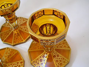 Amber and Clear Blown Glass Candle Holders with Multi-Sided Base and Gold Detail Collection of Four