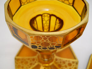 Amber and Clear Blown Glass Candle Holders with Multi-Sided Base and Gold Detail Collection of Four