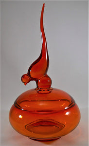 Viking Persimmon Orange Pulled Long Tail Bird Candy Box/ Dish by Viking Art Glass
