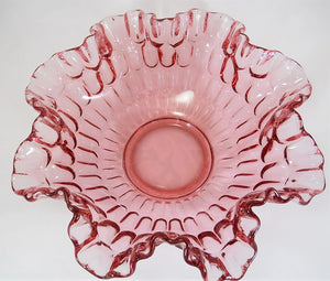 Fenton Glass Colonial Pink 12" Round Bowl and 6" Round Compote Thumbprint and Ruffled  Set