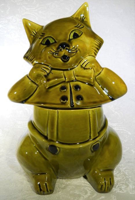 Retro 1950's Avocado Green Fancy Cat Cookie Jar by Doranne of California.