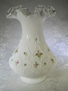 Fenton Violets In The Snow Silver Crest Ruffled Vase.  Hand Painted by Alice Farley.