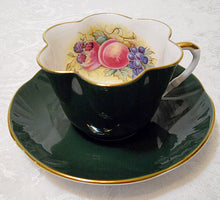 Crown Staffordshire Hunter Green Orchard Fruit Art by J.A. Bailey Tea Cup/ Saucer Set, c.1930's