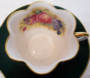 Crown Staffordshire J.A. Bailey Artist Hunter Green Orchard Fruit Tea Cup/ Saucer Set, c.1930's