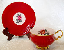 Elizabethan England Ruby Red and Pink Rose Hand Painted Fine Bone China Tea Cup/ Saucer Set