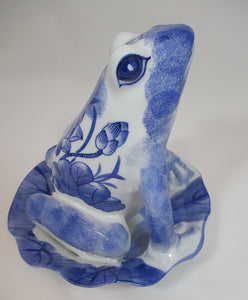 Blue and White Porcelain Frog on Lily Pad Figurine
