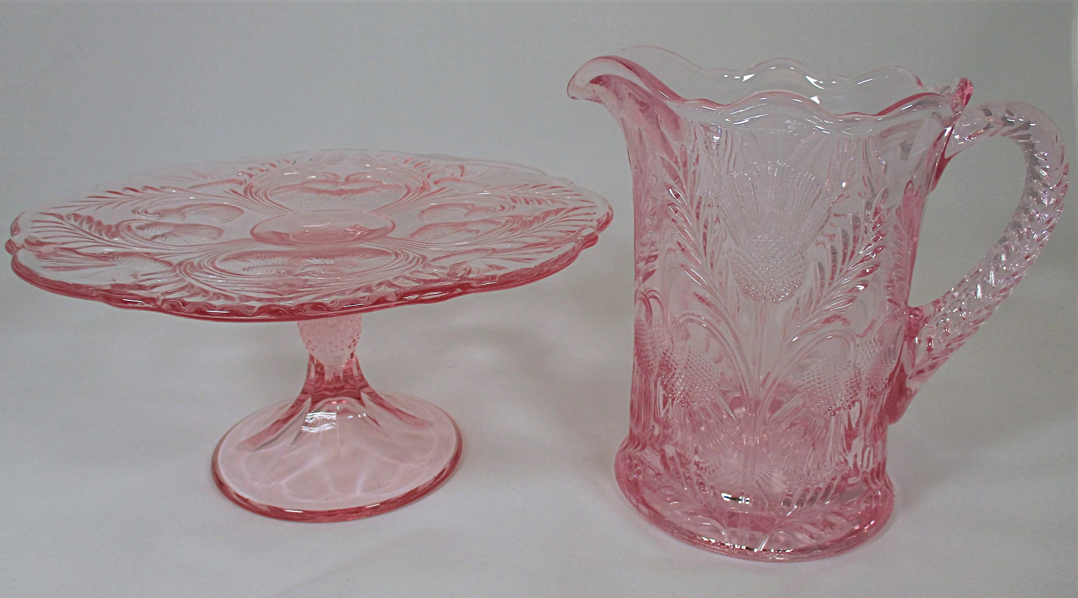 Mosser Glass Inverted Thistle Pink Cake Stand and Pitcher. USA.