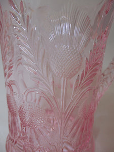Mosser Glass Inverted Thistle Pink Cake Stand and Pitcher. USA.