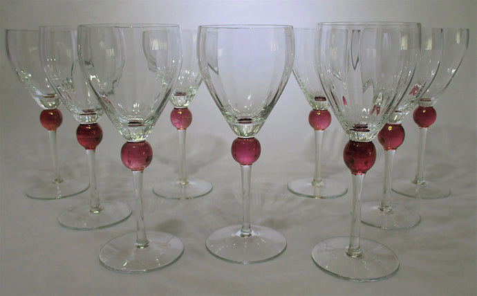 Pottery Barn Clear Blown Optic Water Goblet and Pink Ball Stem Collection of Nine