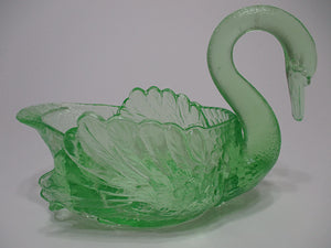 Cambridge Glass 9"Long Light Emerald Vaseline Glass Swan Candy/ Bon Bon Dish, RARE. c. 1939-1954